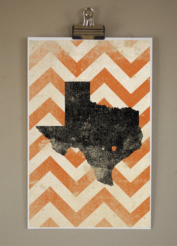 Texas Silhouette on Chevron Background 11X17 Art Print, With