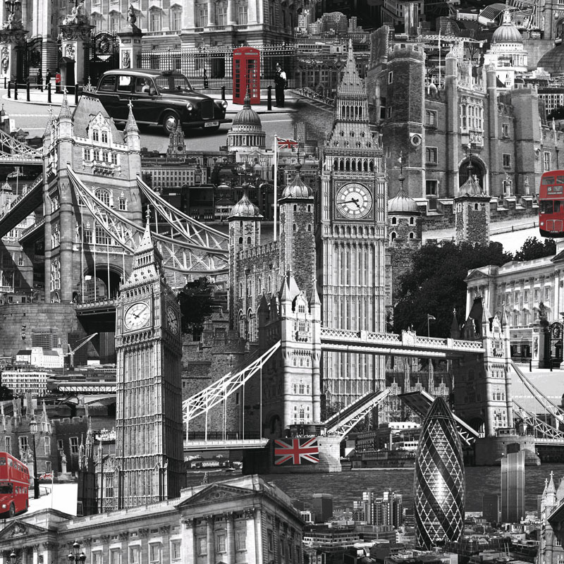 London Wallpaper in Black, White and Red at GoWallpaper UK