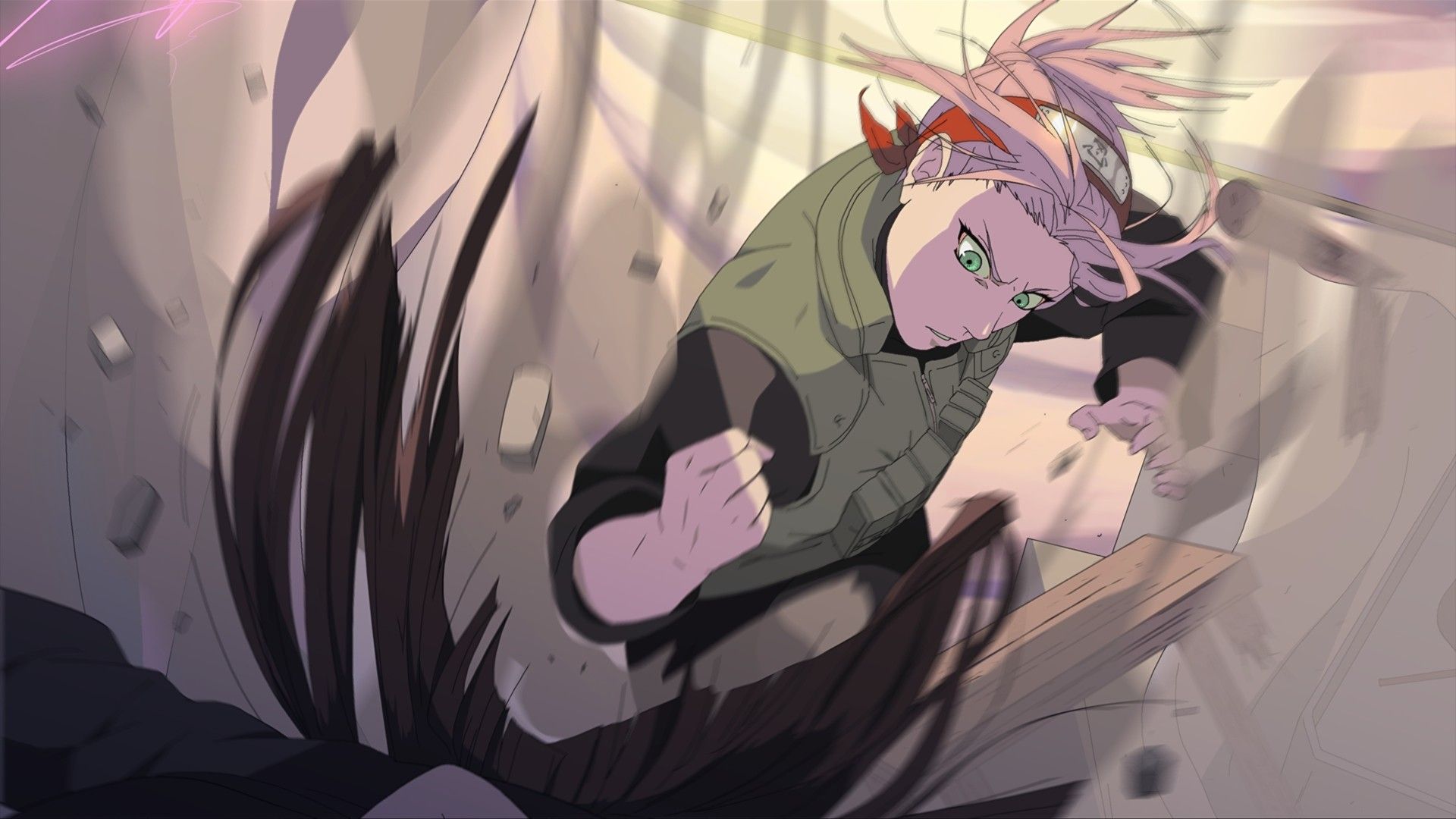 Fighting ninjas Haruno Sakura Naruto Shippuden green eyes pink