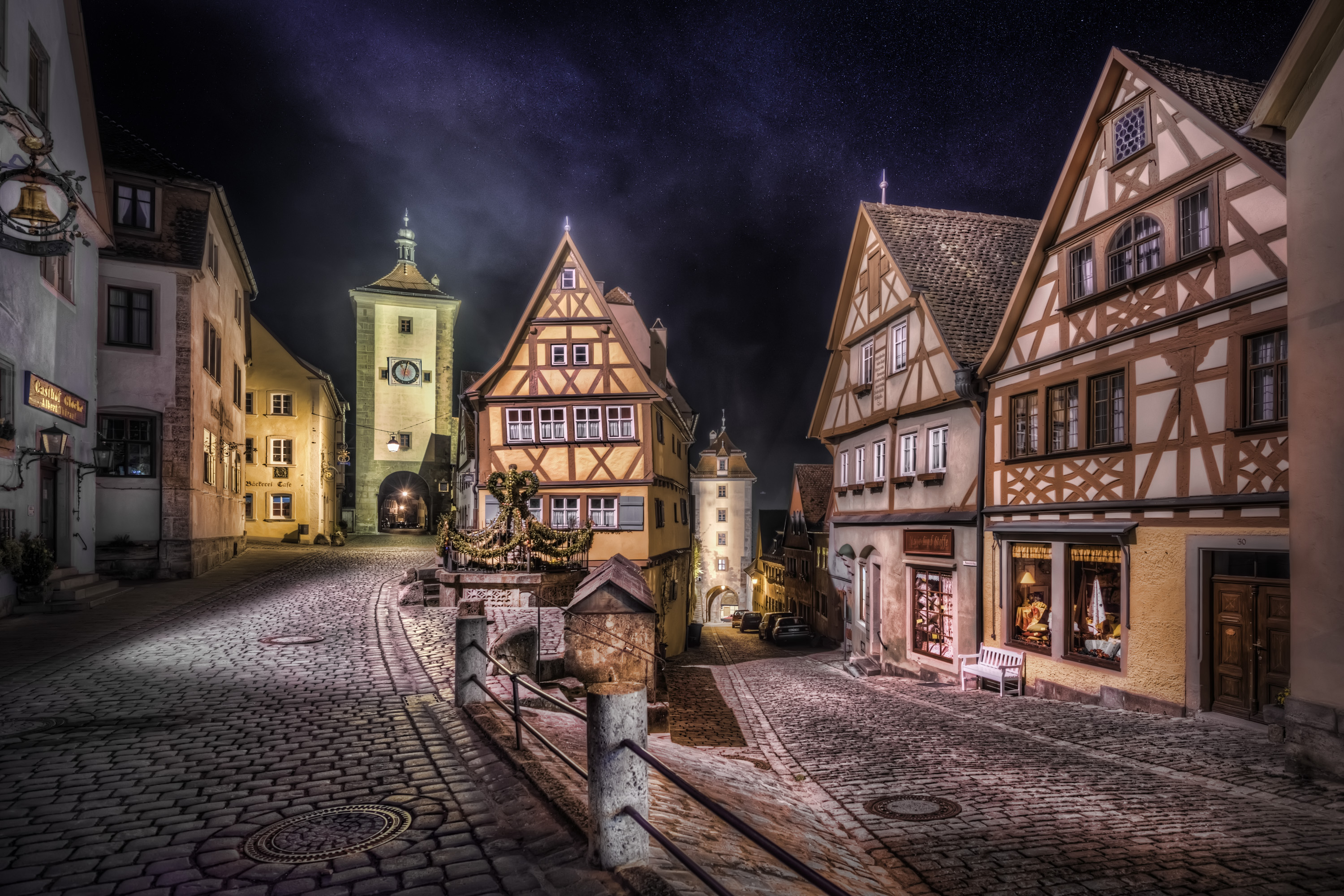 Rothenburg Cities Gery Tower Clock Stars Sky Night Europe Town