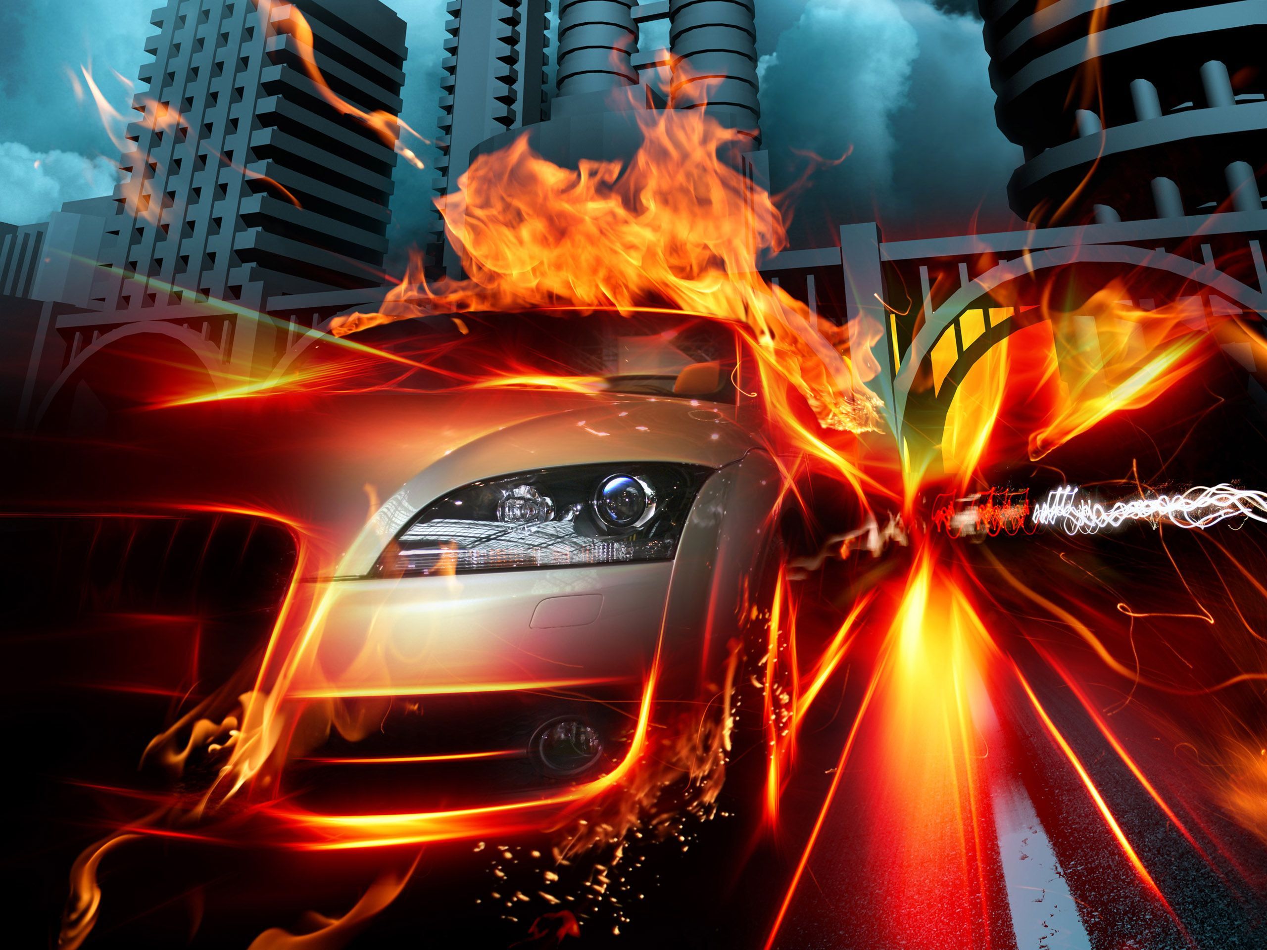 Car in Fire City HQ Wallpapers HD Backgrounds