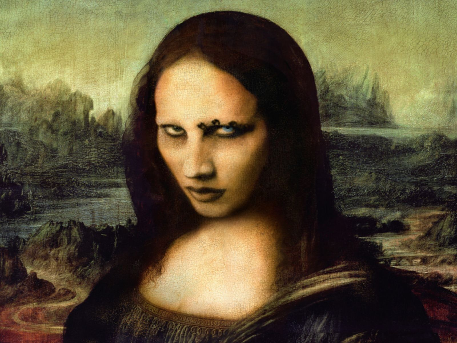  An image of the Mona Lisa with a goth makeover, showing the background landscape details of the original painting.