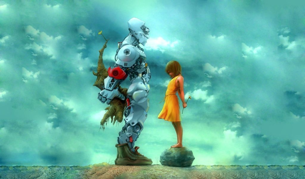 Download Wallpaper 1024x600 Girl, Robot, Flowers, Gift Netbook