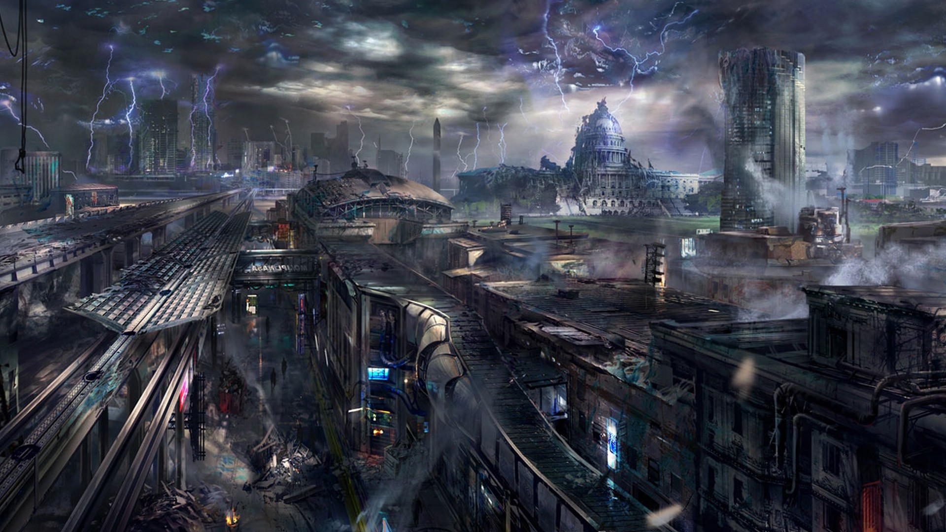 Futuristic, smoke, destruction, buildings, science fiction