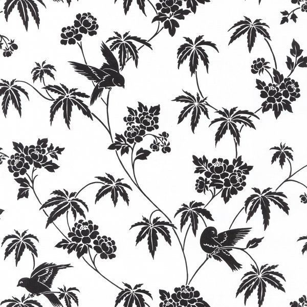 Asian Inspired Bird Floral Black White Wallpaper Double Roll Bolts