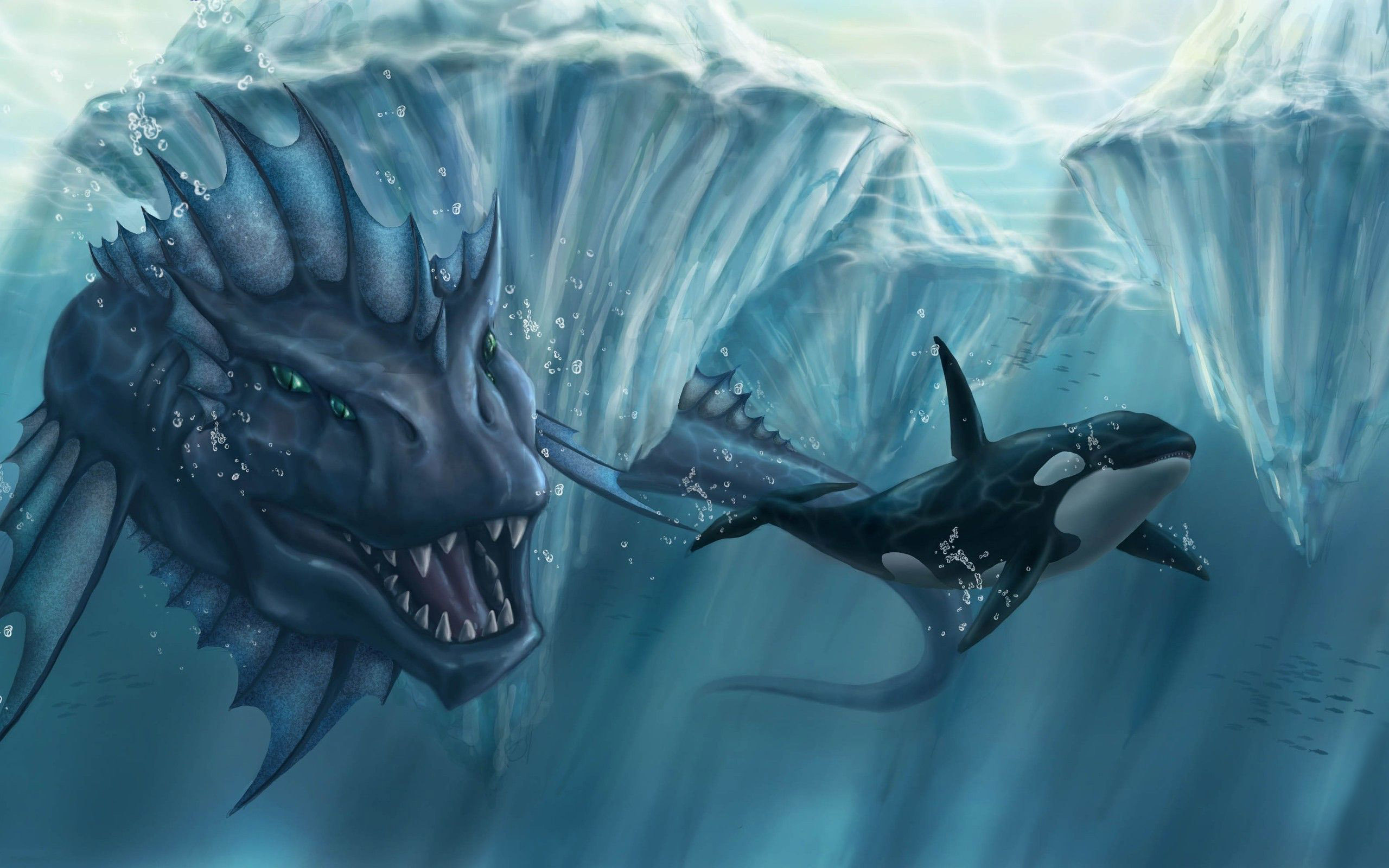 Sea monster chasing the killer whale, orca, fantasy, 2560x1600 HD ...