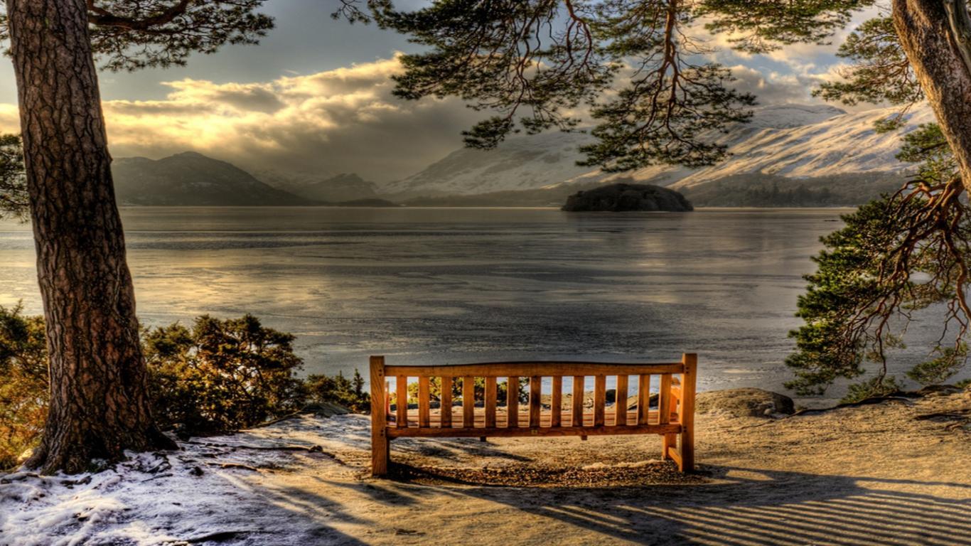 Wallpapers Romantic Snow Free Hd Awesome Water Landscape And Bench ...
