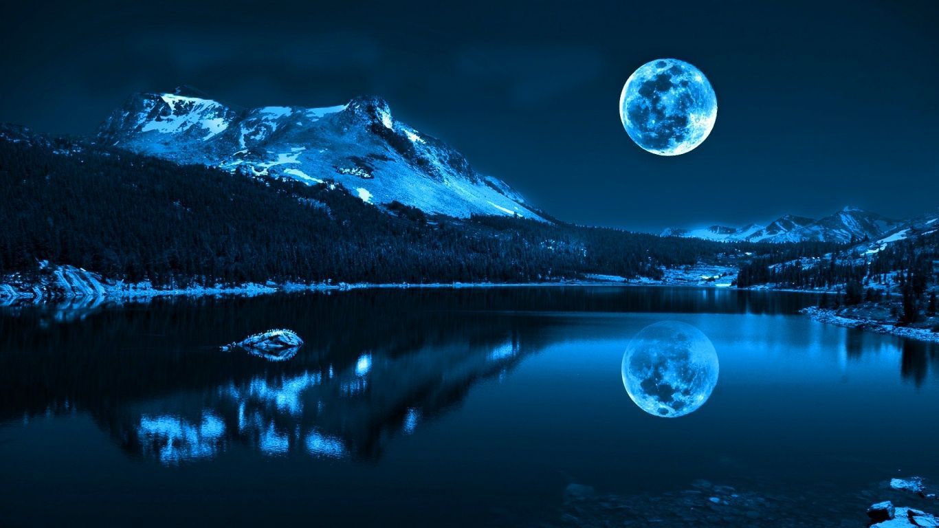 1366x768 Full moon over lake Wallpaper