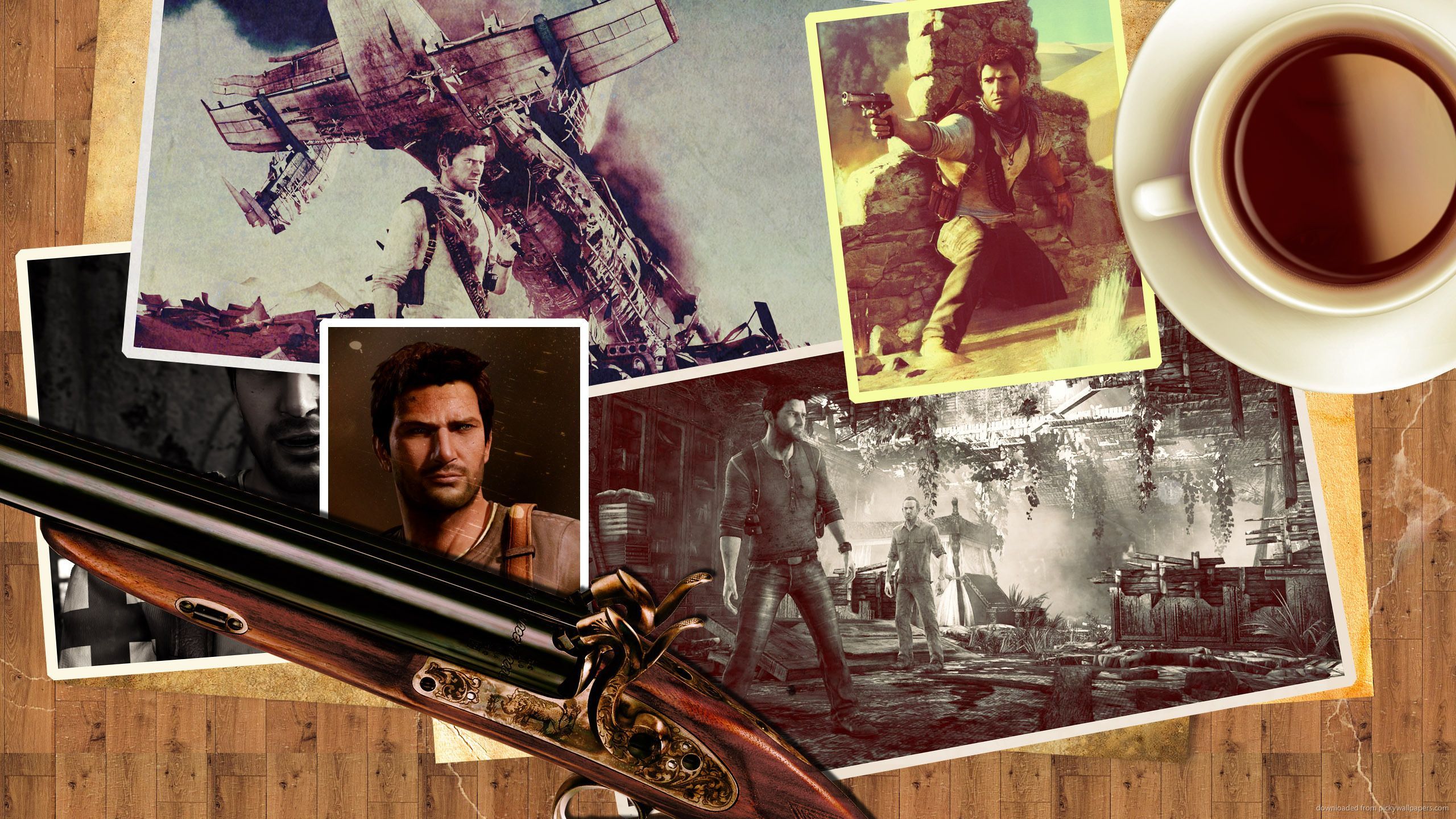 Download 2560x1440 Uncharted Coffee And Pistol Wallpaper