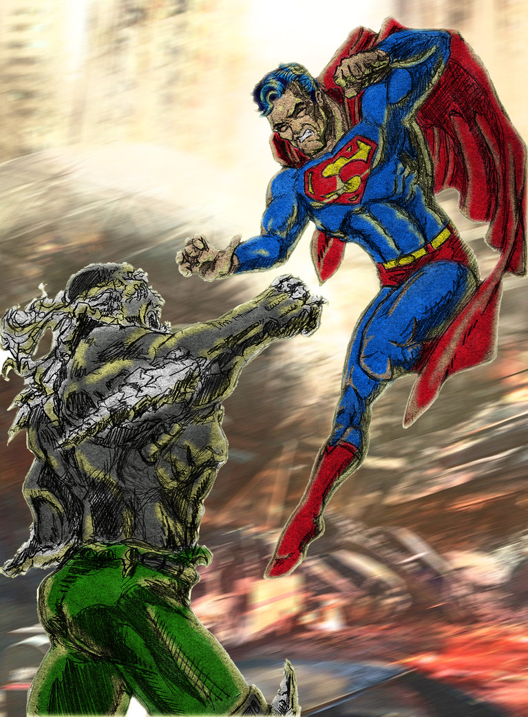 Superman Vs Doomsday Colour with Background by ModernDayDandy