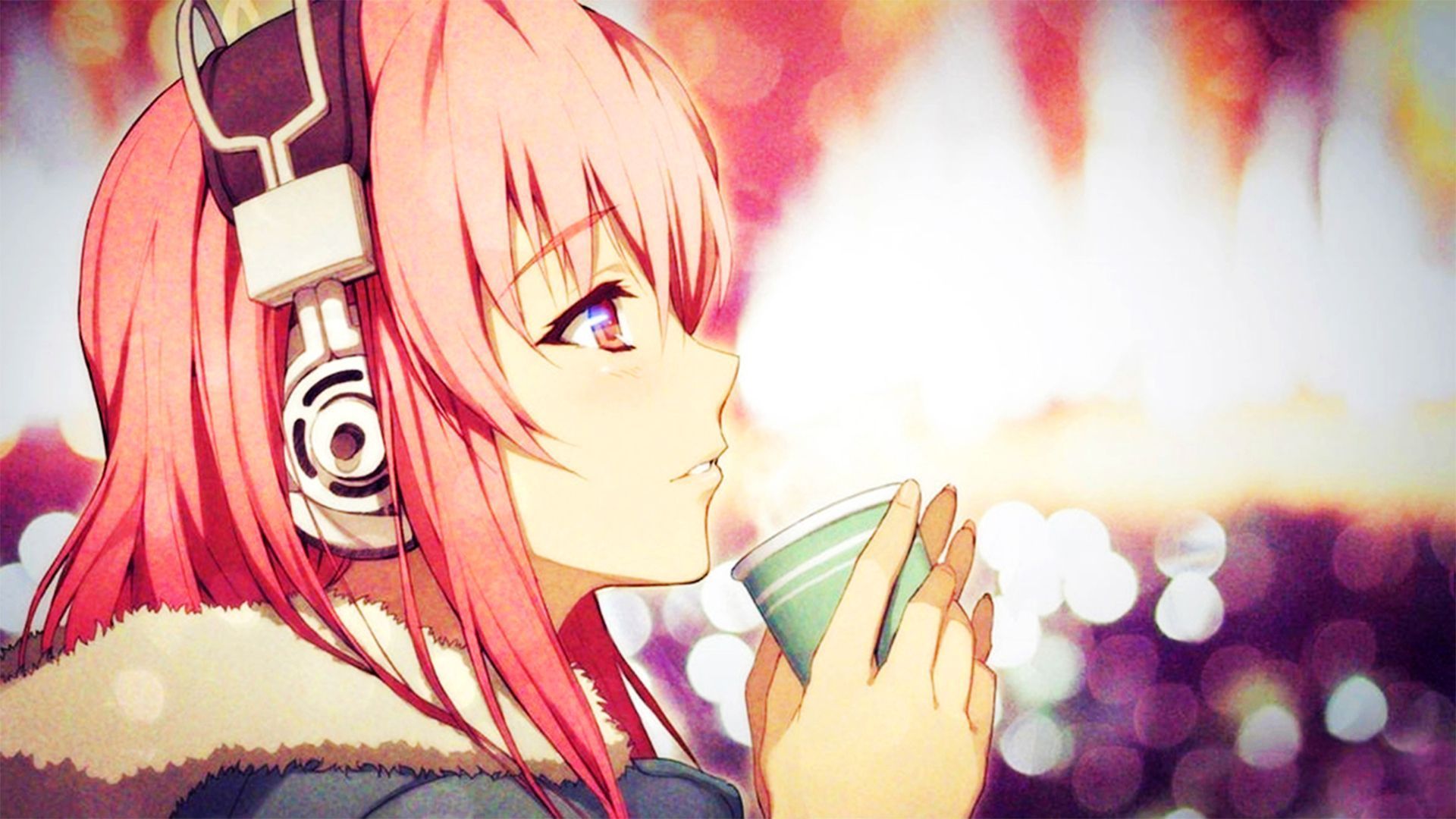 Anime Girl With Headphones Drinking - PixelMusicPixelMusic
