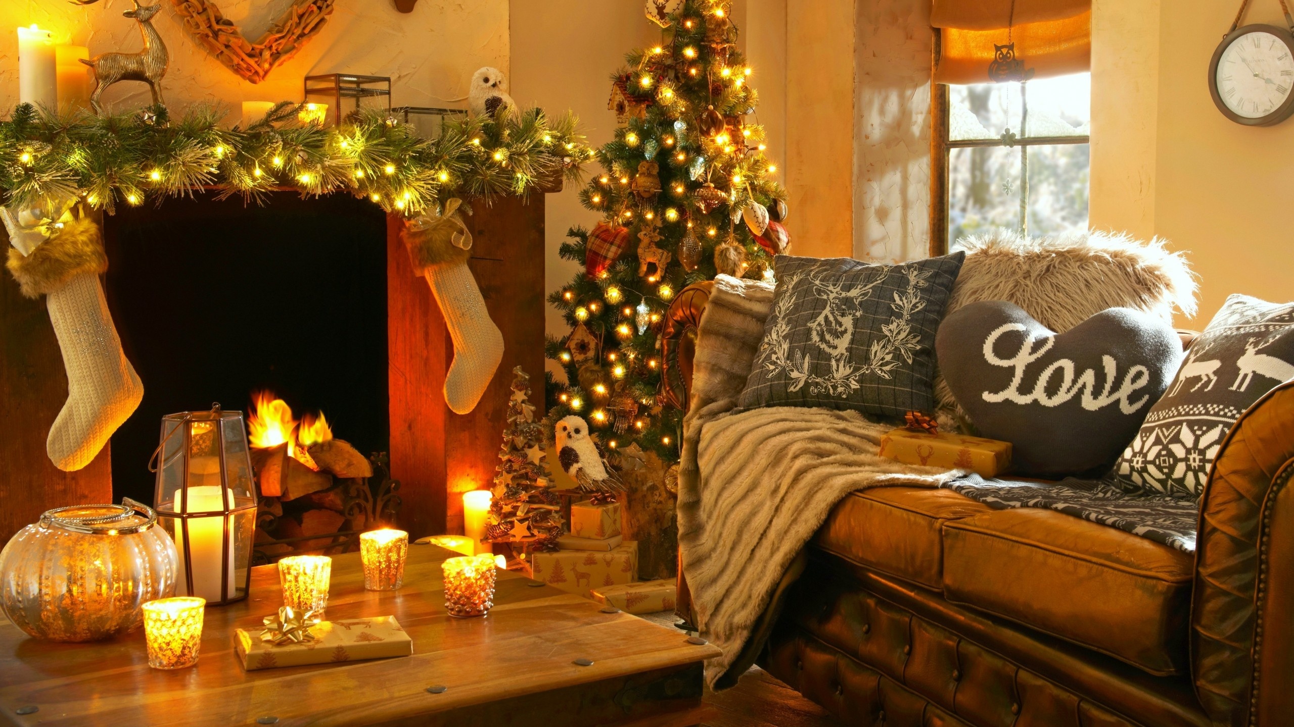 2560x1440 christmas, new year, home, light, fire, fireplace ...