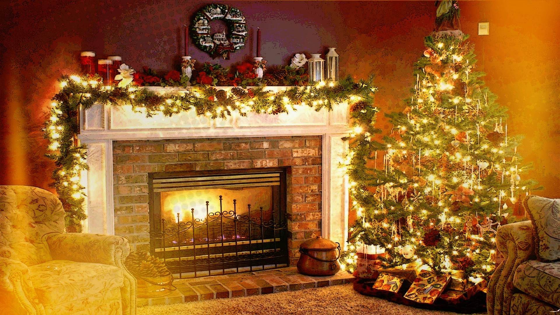 Christmas, Holiday, Fireplace, Interiors, Welcome Home Wallpapers ...