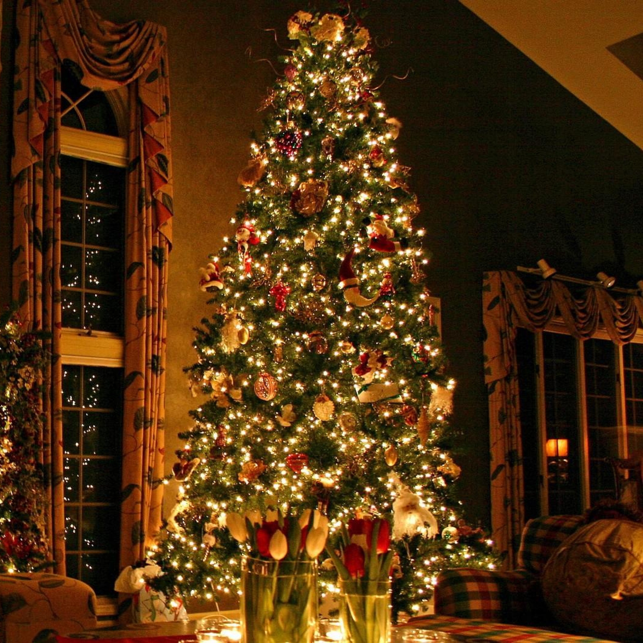 wallpaper: Flowers, Christmas tree, Ornaments, Fireplace ...