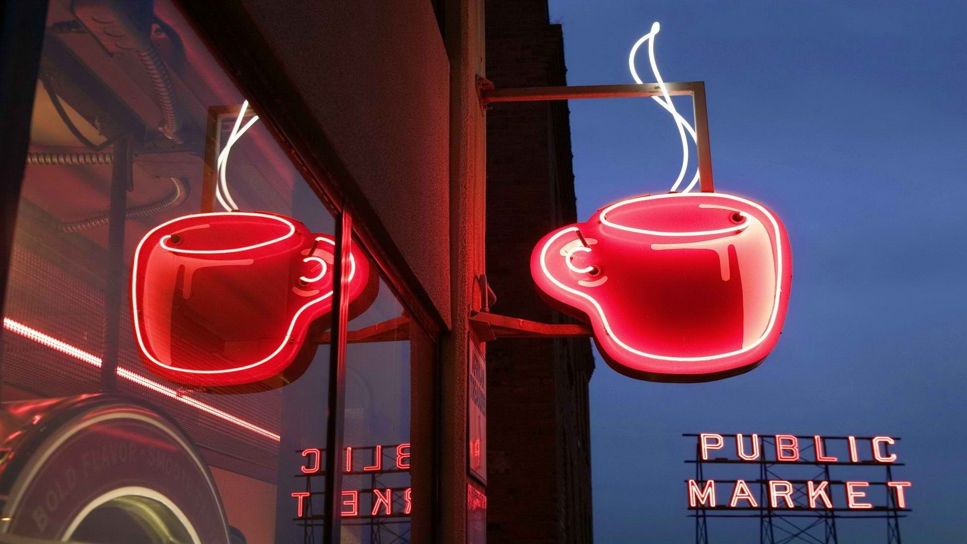 Drinks coffee sign neon seattle World Market Coffee Seattle Pikes
