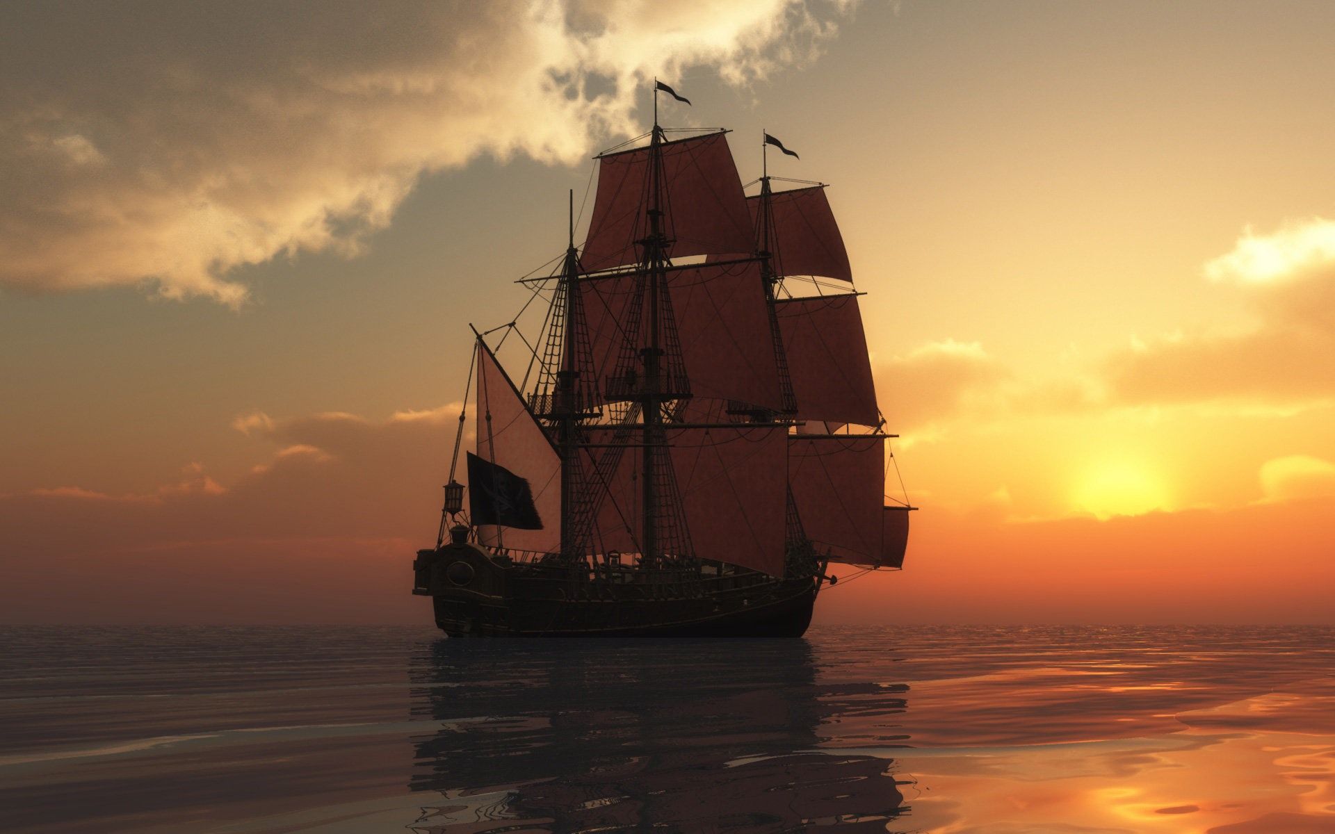 Ship and Sunset desktop wallpaper