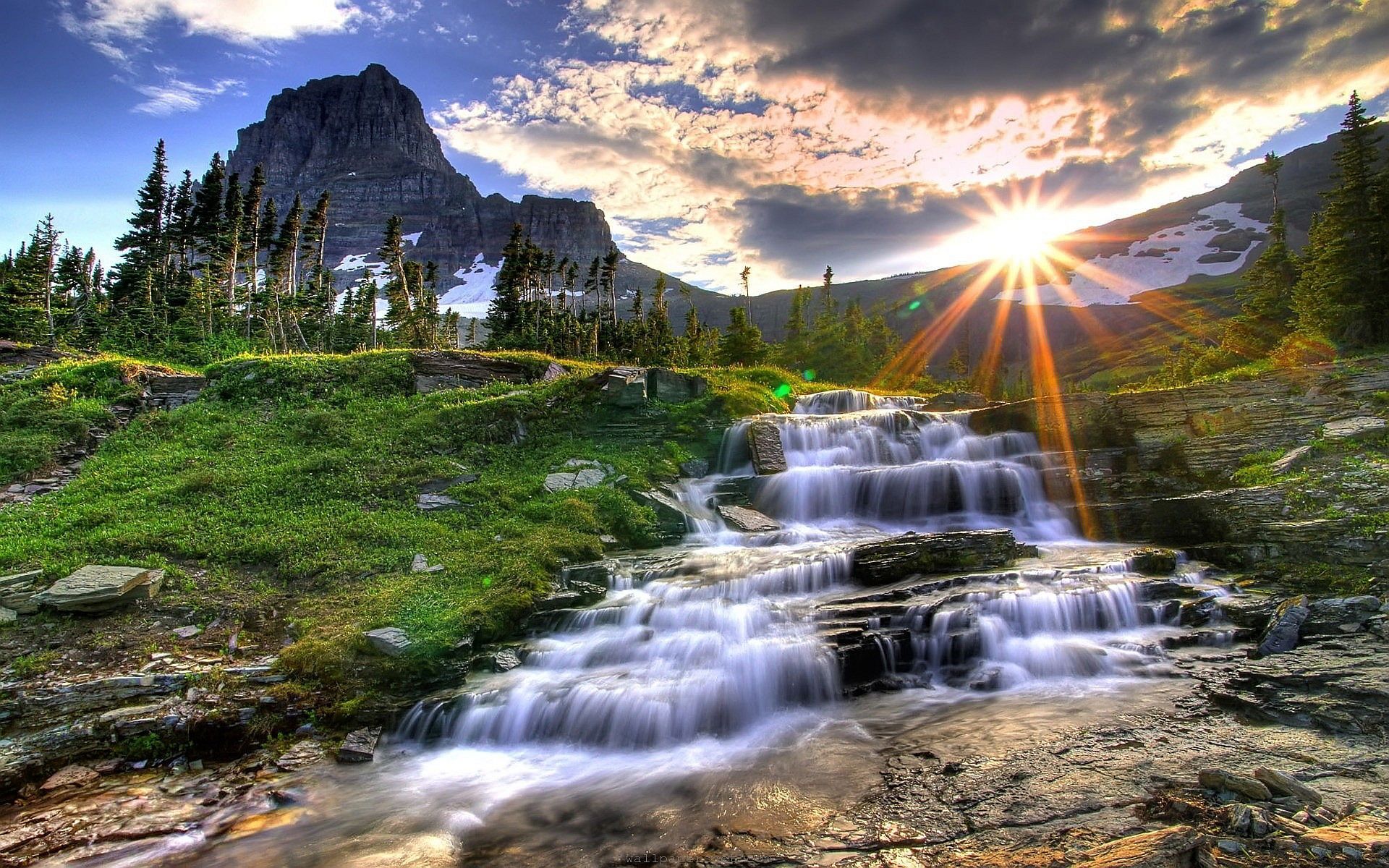 Waterfall Mountain Sunset Wallpapers Pictures