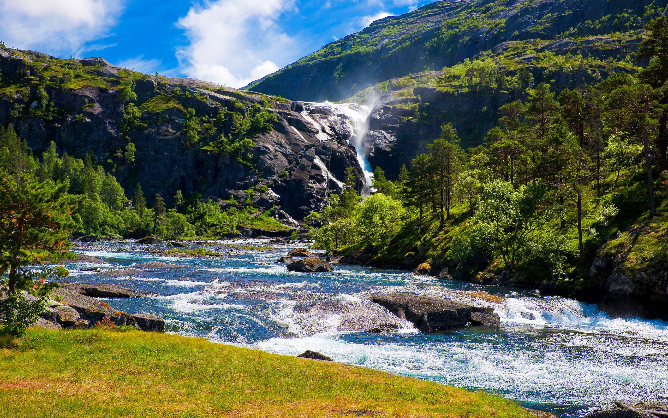 Mountains River, waterfall, green, nature, photo, 2560x1600 HD ...