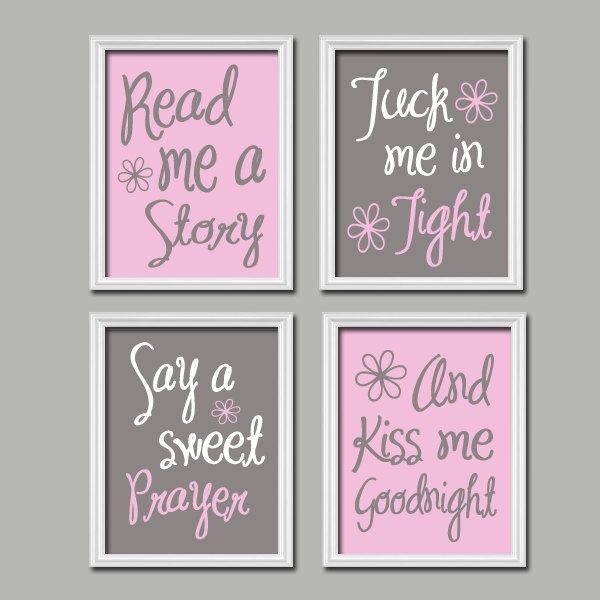 Pink Grey Kiss Me Goodnight Quote Nursery Song Print Artwork Set ...