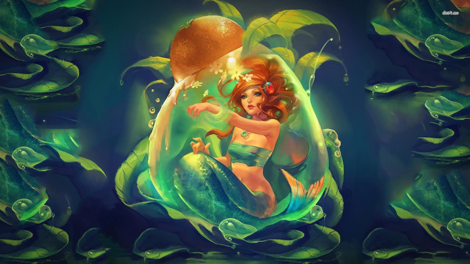 Mermaid in an orange bubble wallpaper Wallpaper Wide HD