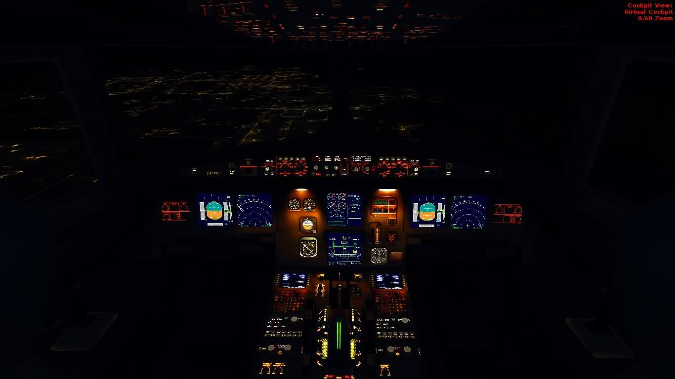 Illuminated Cockpit at Night of Airbus A321