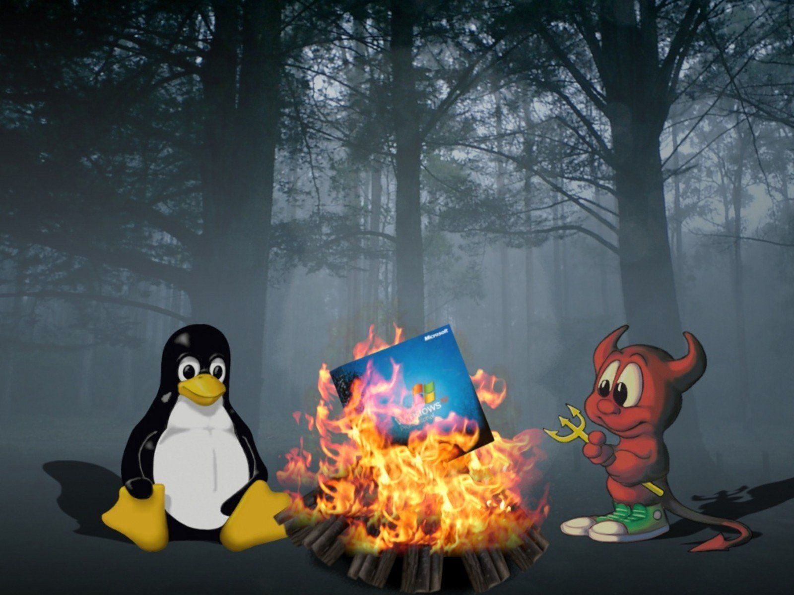 Linux funny Windows XP freebsd camp fire burning wallpaper ...