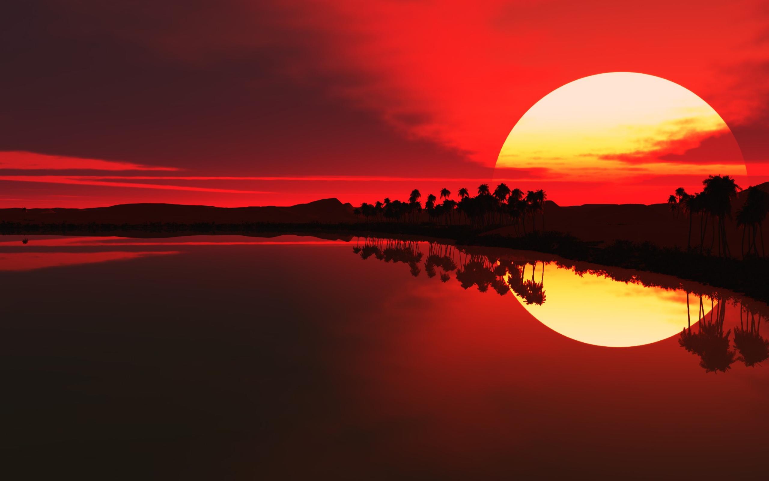 Beautiful Red Sunset Over Lake Desktop Wallpaper