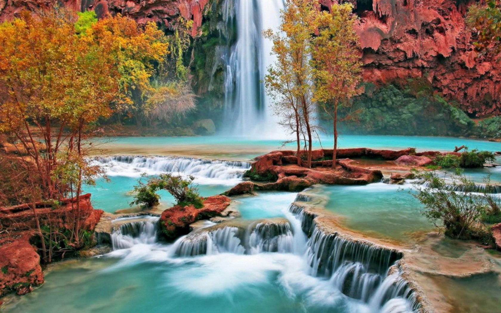 Waterfall And Red Mountain Wallpaper - Download Wallpaper Nature Free