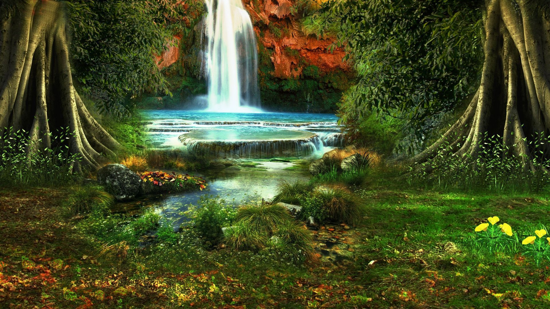 Download Wallpaper 1920x1080 Waterfall, Trees, Vegetation, Nature