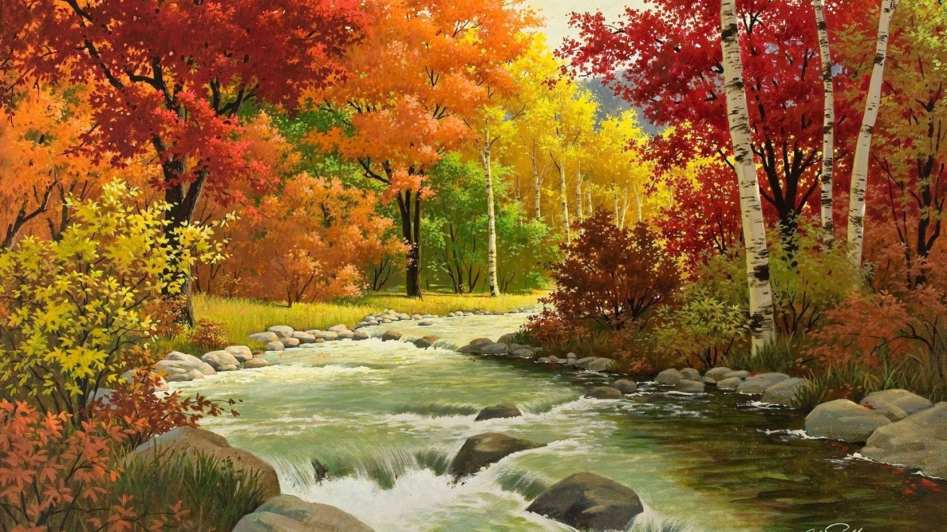 Download Wallpaper 1920x1080 Autumn, Landscape, Painting, River ...