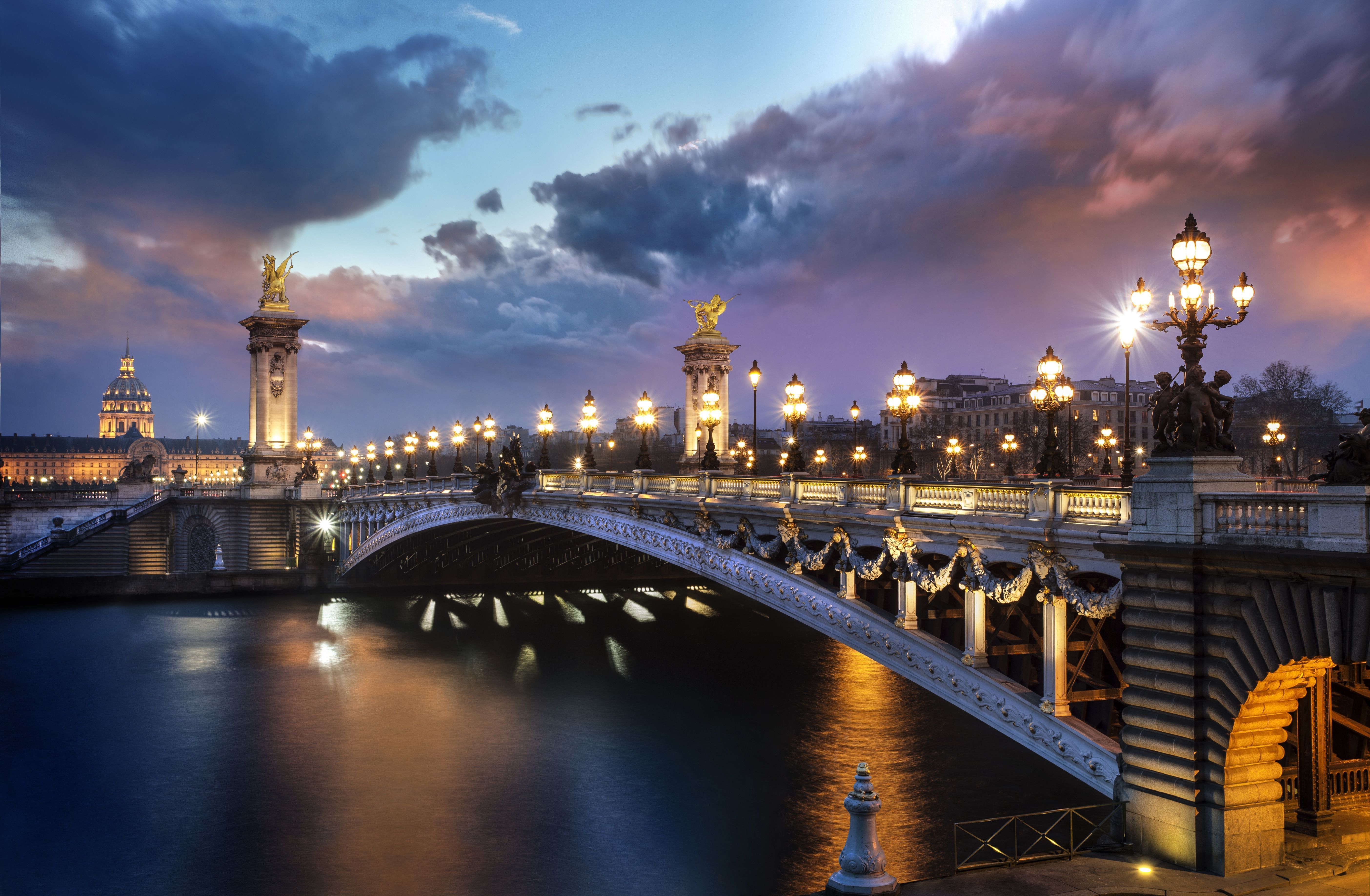 Bridges: Paris France Evening River Bridge Lights Pont Alexandre ...