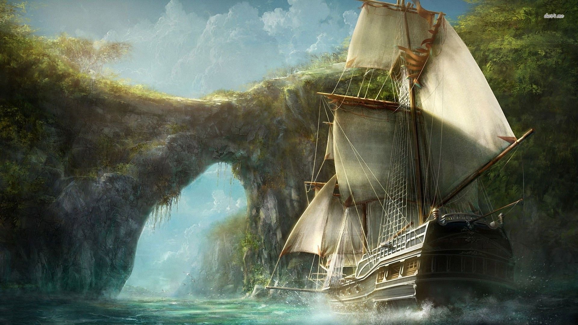 Medieval ship entering the island wallpaper - Fantasy wallpapers ...