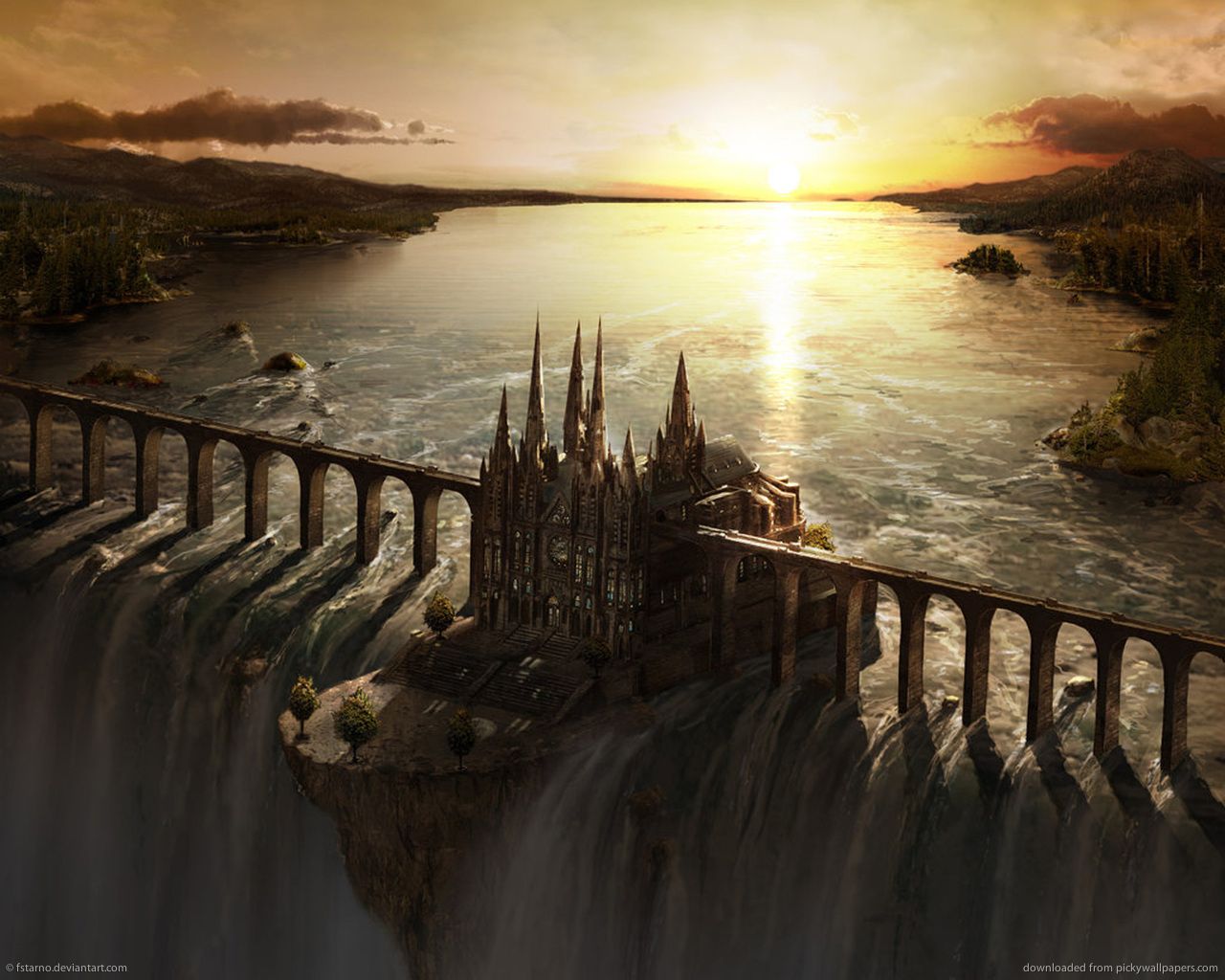 Download 1280x1024 Waterfall Castle Wallpaper