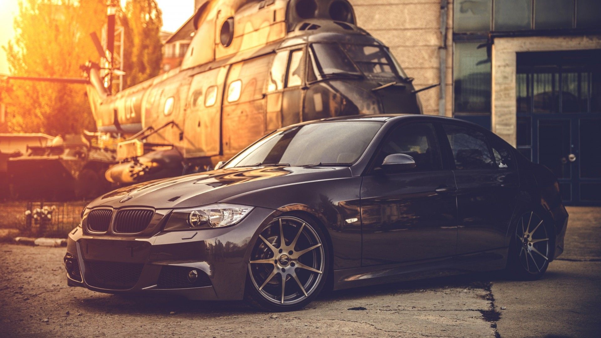 BMW E90, Car, Helicopters, Black, Military, BMW Wallpapers HD