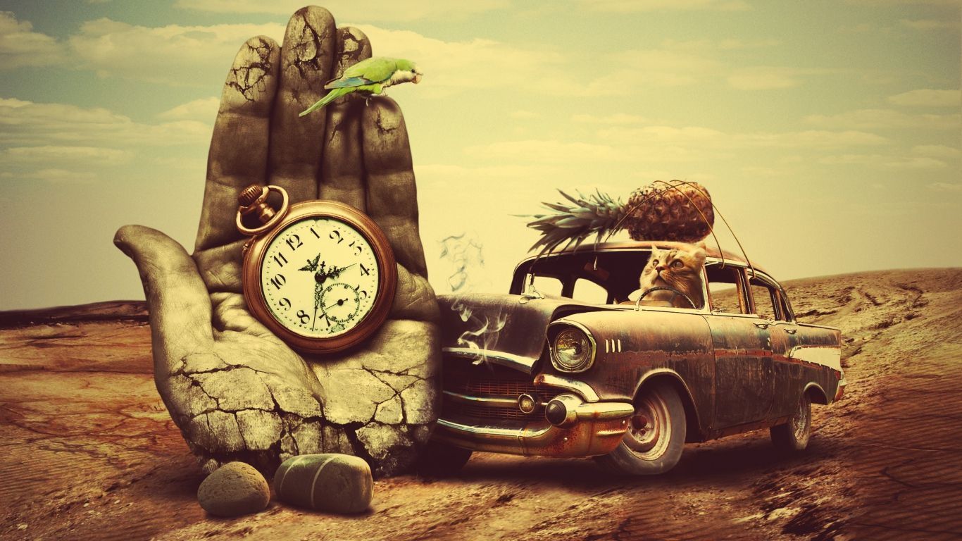 Download Wallpaper 1366x768 Creative, Hand, Surrealism, Car, Clock ...