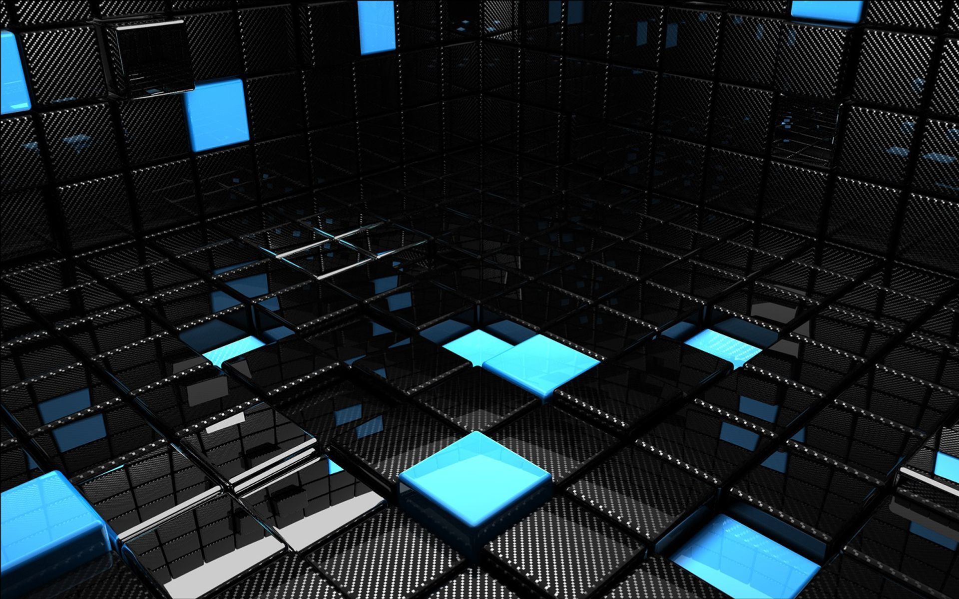 3d view abstract blue black dark cubes reflections background 3d