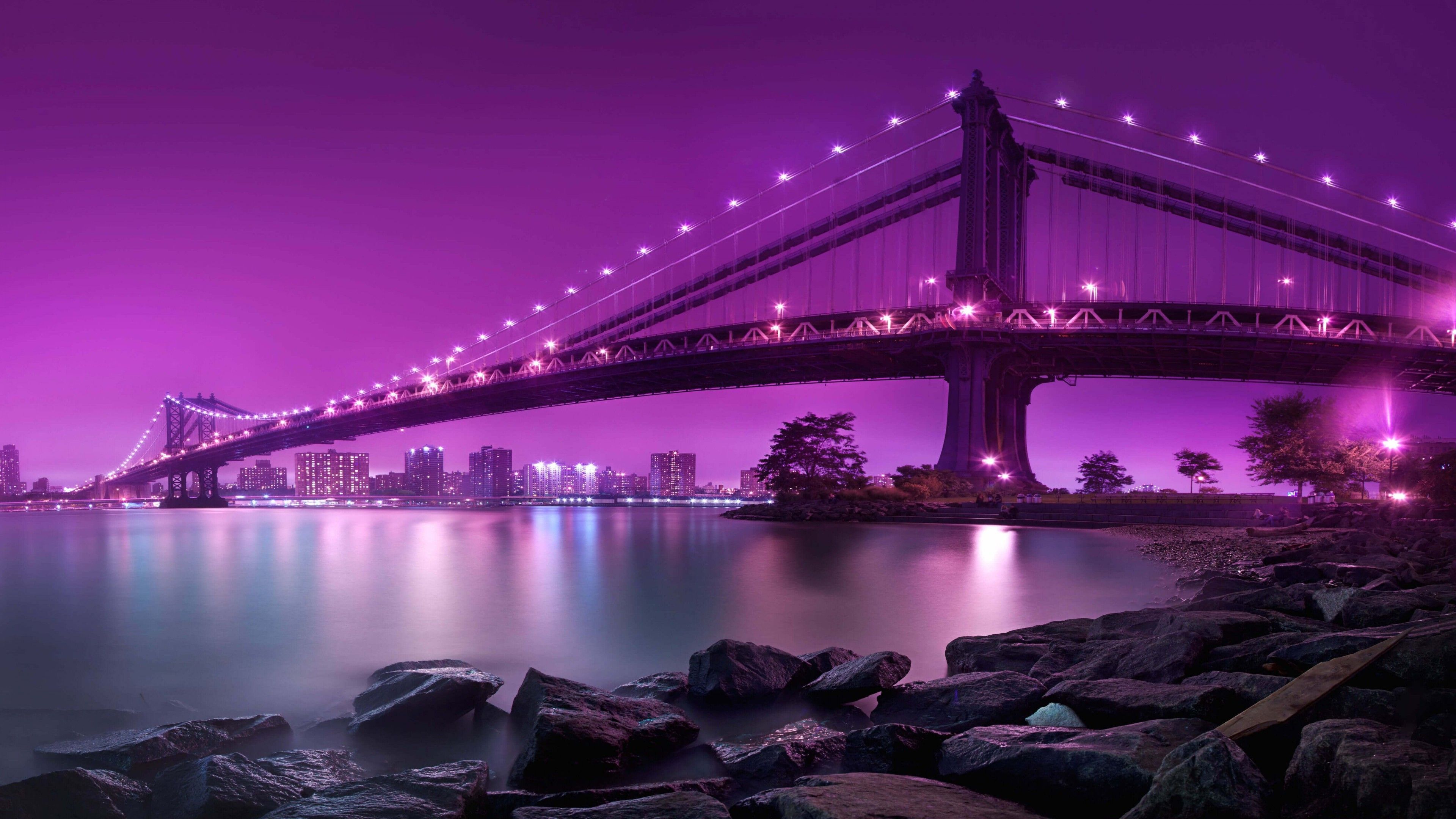Download Brooklyn Bridge by night HD wallpaper for 4K 3840 x 2160