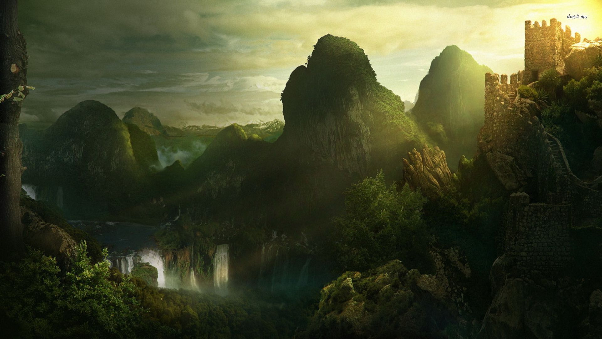 Breathtaking waterfall, mountain, wall, forest, tree, sky, fantasy