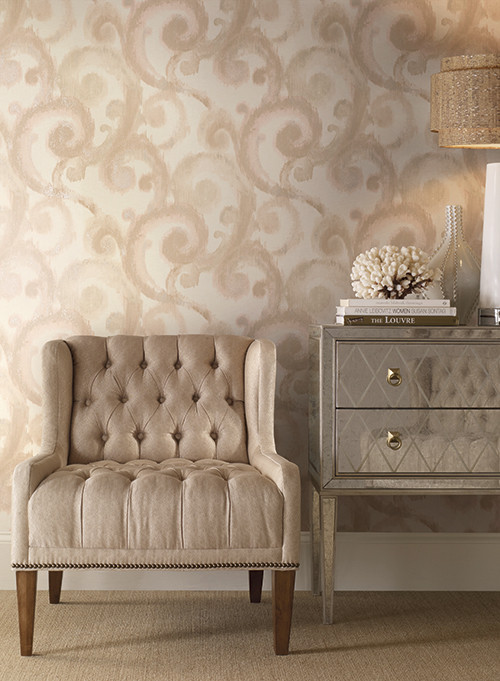 Arabesque Wallpaper in Dark Teal and Metallic Gold by Candice