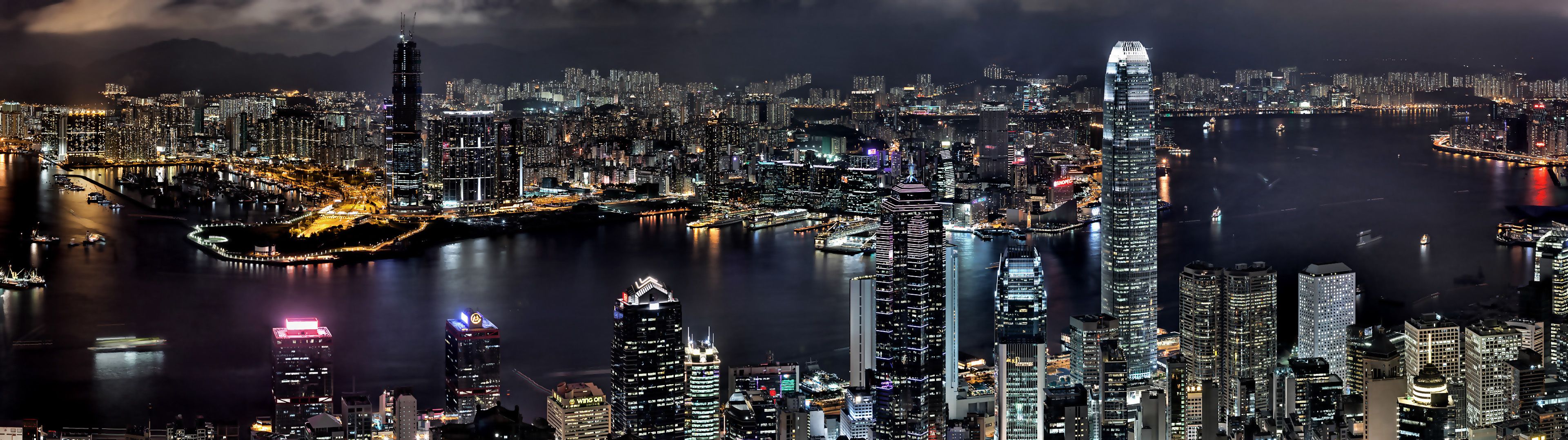 Cityscapes night buildings Hong Kong wallpaper 3840x1080 61374