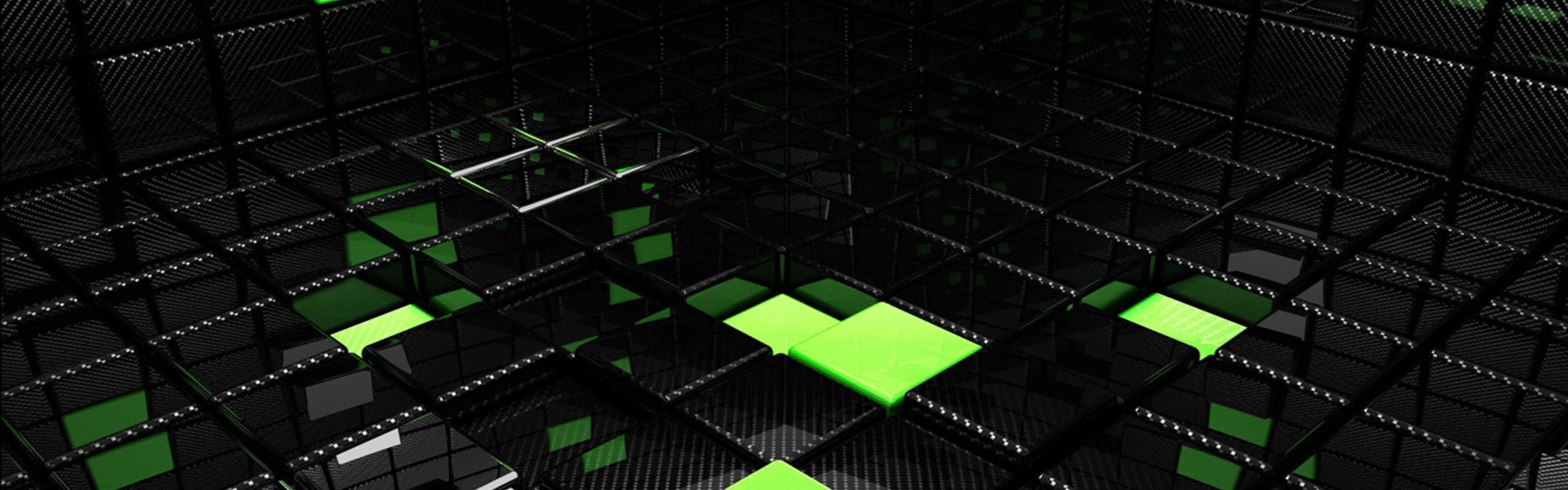 Download Wallpaper 3840x1200 Cube, Square, Green, Black, Space ...