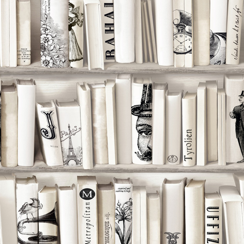 Muriva Encyclopedia Bookcase Wallpaper in Cream - 572217