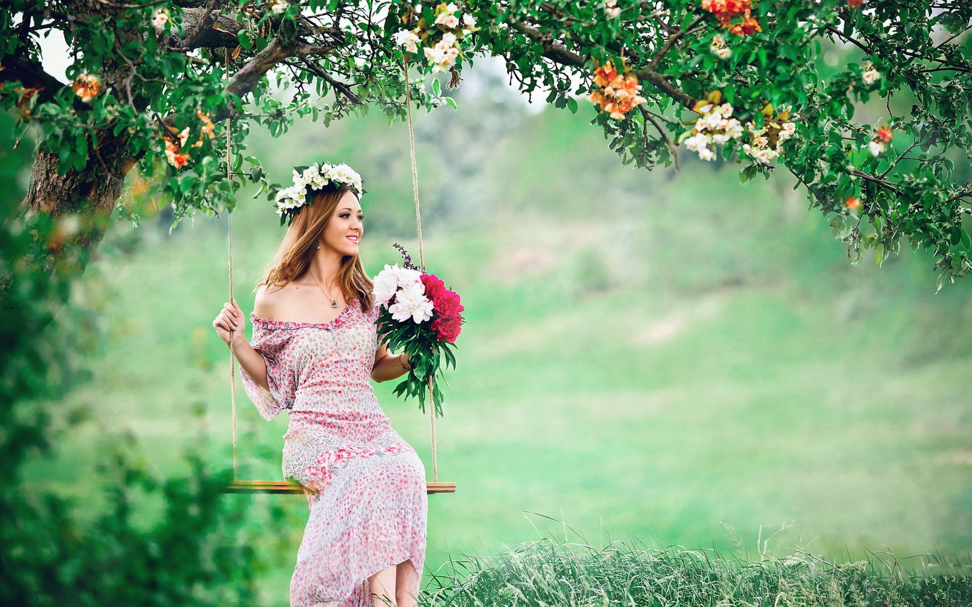 Beautiful Girls With Flowers Swinging Wallpapers