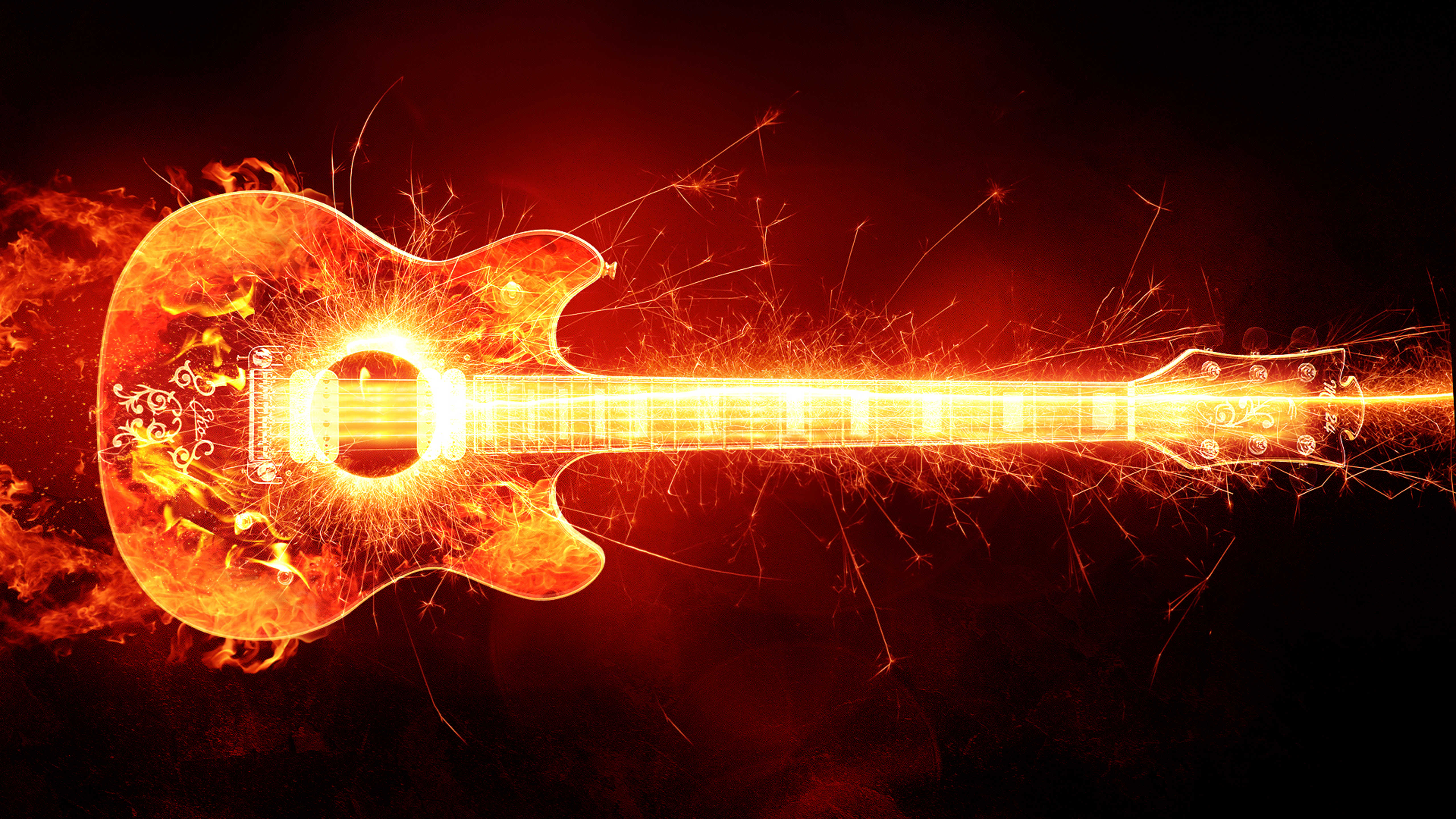 Wallpaper Download 5120x2880 Guitar with fire and sparks