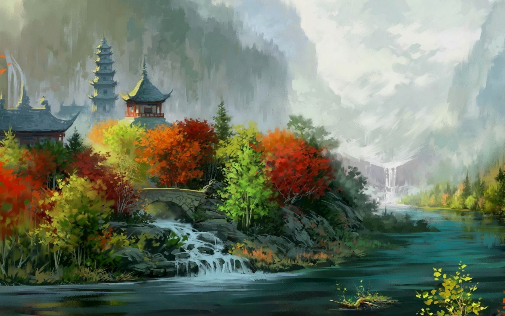 Fantasy art painting asian oriental trees autumn fall rivers ...