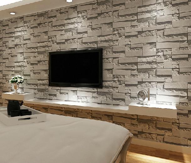 PVC Stacked Stone Wallpaper / Textured Grey Tan Brick Wallpaper