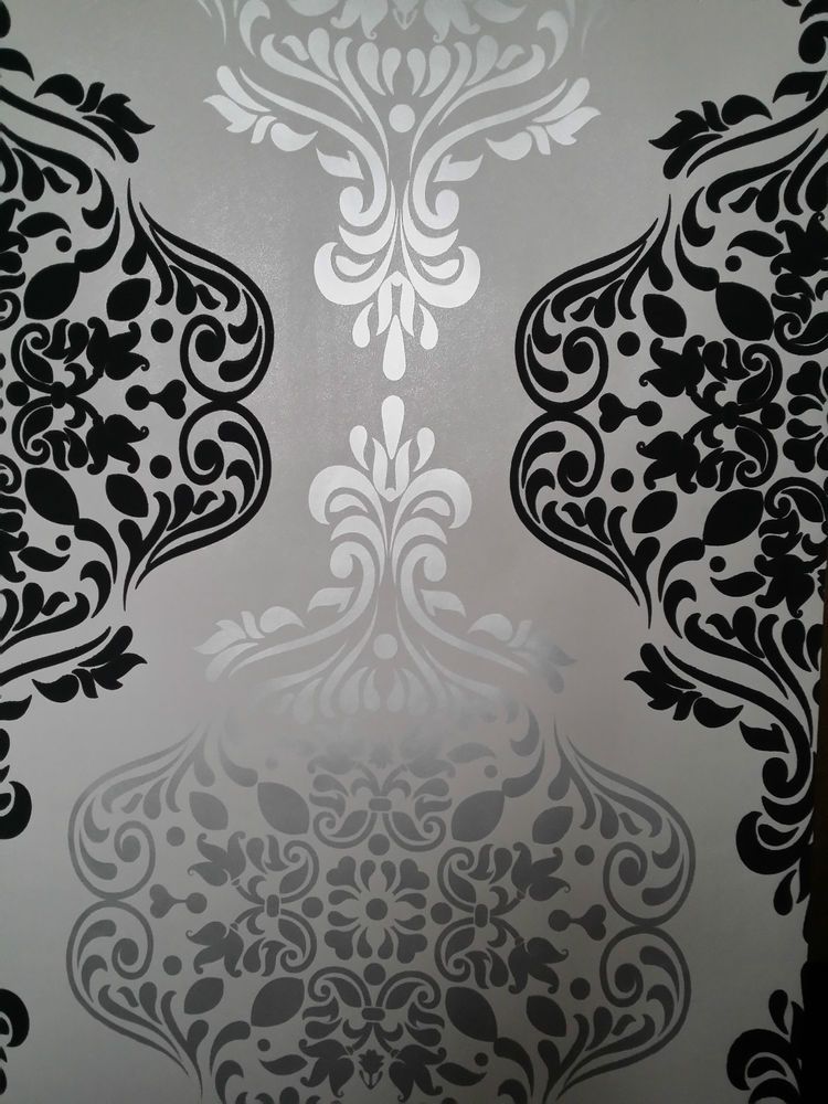 Luxury Quality Wallpaper Black and Silver Grey Damask Feature Wall ...