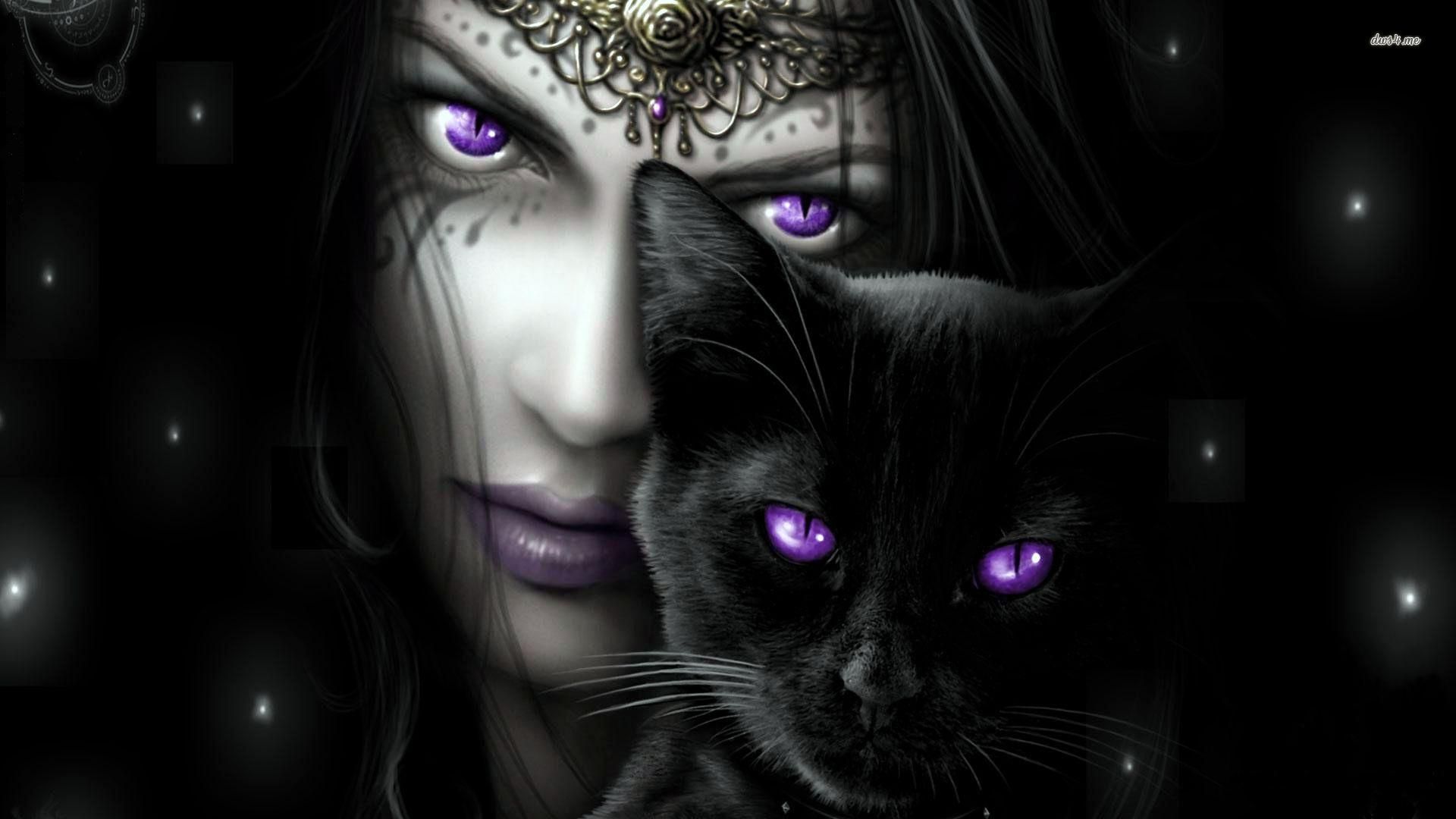 Purple eyed woman with her black cat wallpaper - Fantasy ...