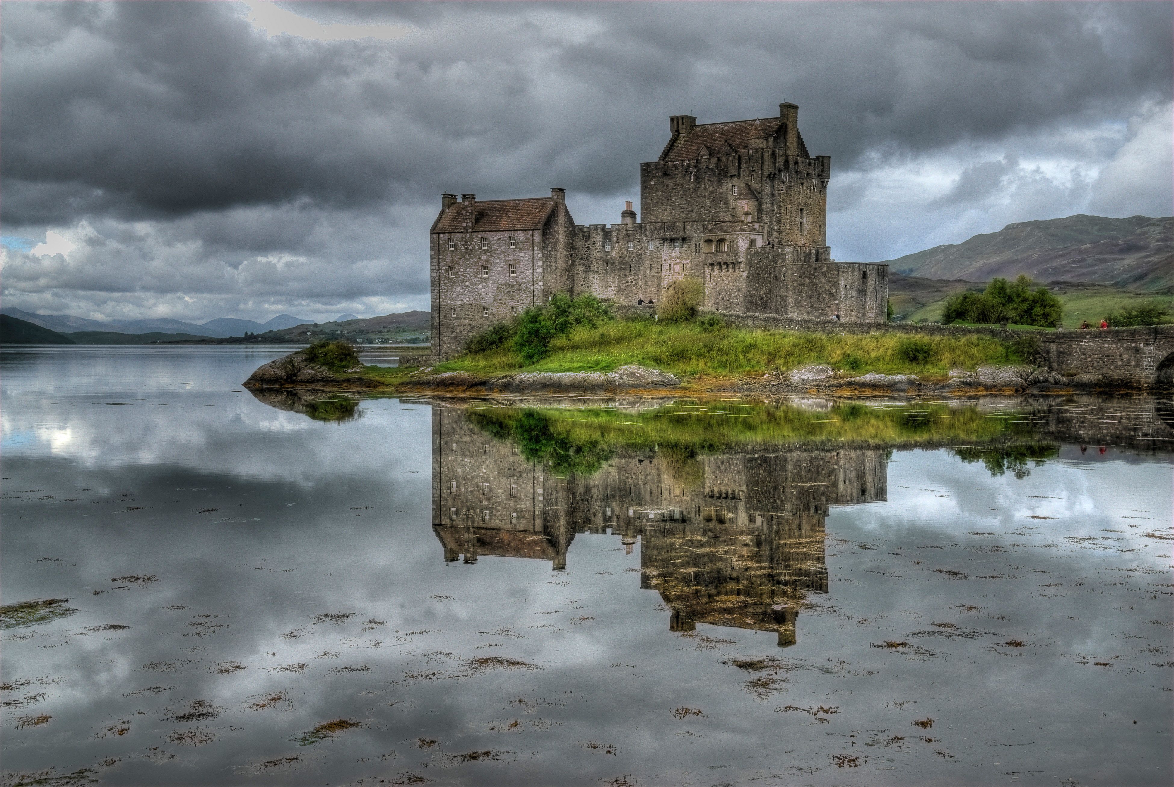 Wallpaper clouds, lake, scotland, reflection, castle, fortress ...
