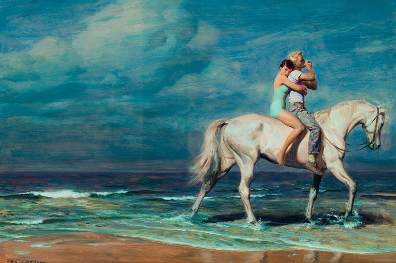 paintings beach shore couple horses horseback riding 3000x1993 ...
